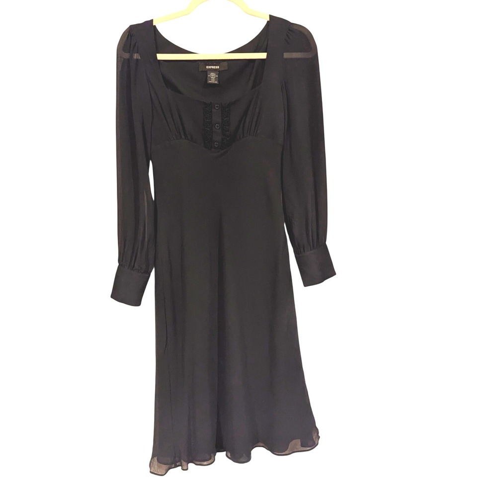 Express Black Sheer‎ Button Front Dress Size 1/2 Vintage Y2k Silk Whimsigoth